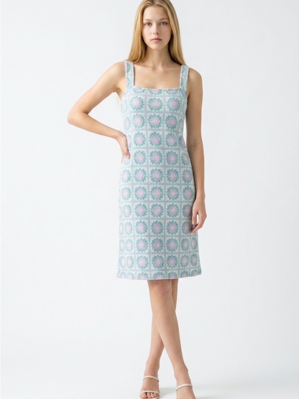 Sleeveless Crochet-Style Mini Dress in Mint and Lilac XS